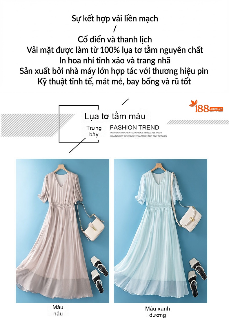 Váy Lụa Dài Nữ Tay Ngắn Phong Cách Tiên Nữ Đi Biển Màu Xám, Xanh chi tiết 3
