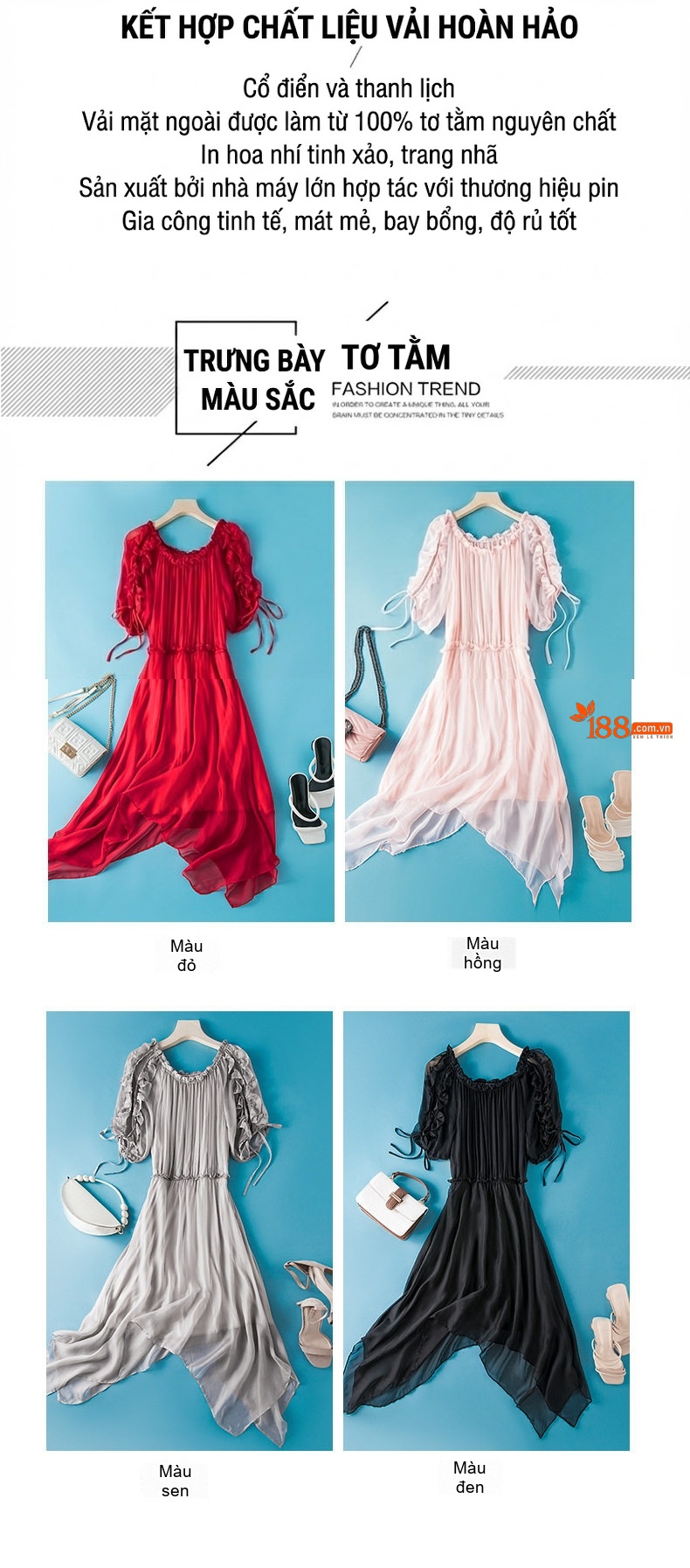 Váy Lụa Mùa Hè Cổ Điển Viền Bèo Nhún, Tà Lệch Trung Dài Màu Xám, Đỏ, Hồng, Đen chi tiết 3