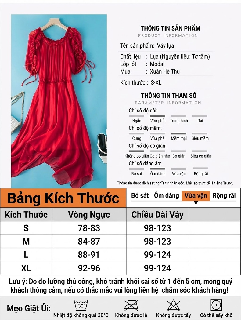 Váy Lụa Mùa Hè Cổ Điển Viền Bèo Nhún, Tà Lệch Trung Dài Màu Xám, Đỏ, Hồng, Đen chi tiết 5