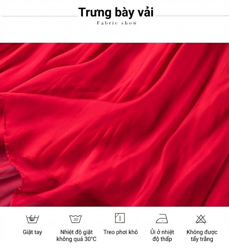 Váy Lụa Mùa Hè Cổ Điển Viền Bèo Nhún, Tà Lệch Trung Dài Màu Xám, Đỏ, Hồng, Đen chi tiết 4
