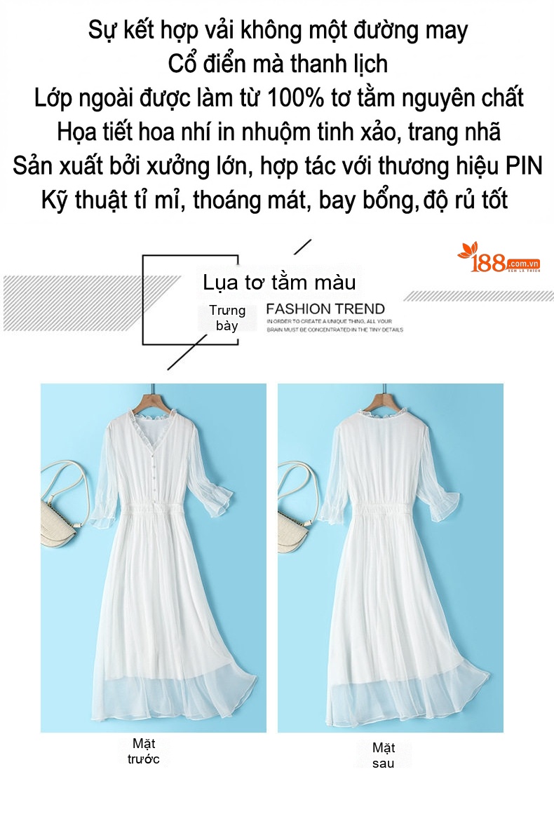 Váy Lụa Nữ Cổ chữ V Thắt Eo Thiết Kế Bèo Nhún Màu Trắng chi tiết 3