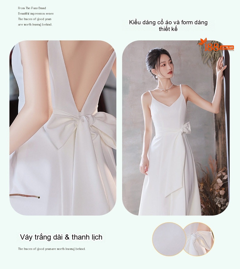 Váy Lụa Satin Hai Dây Dự Tiệc Cưới, Đính Hôn Màu Trắng chi tiết 6