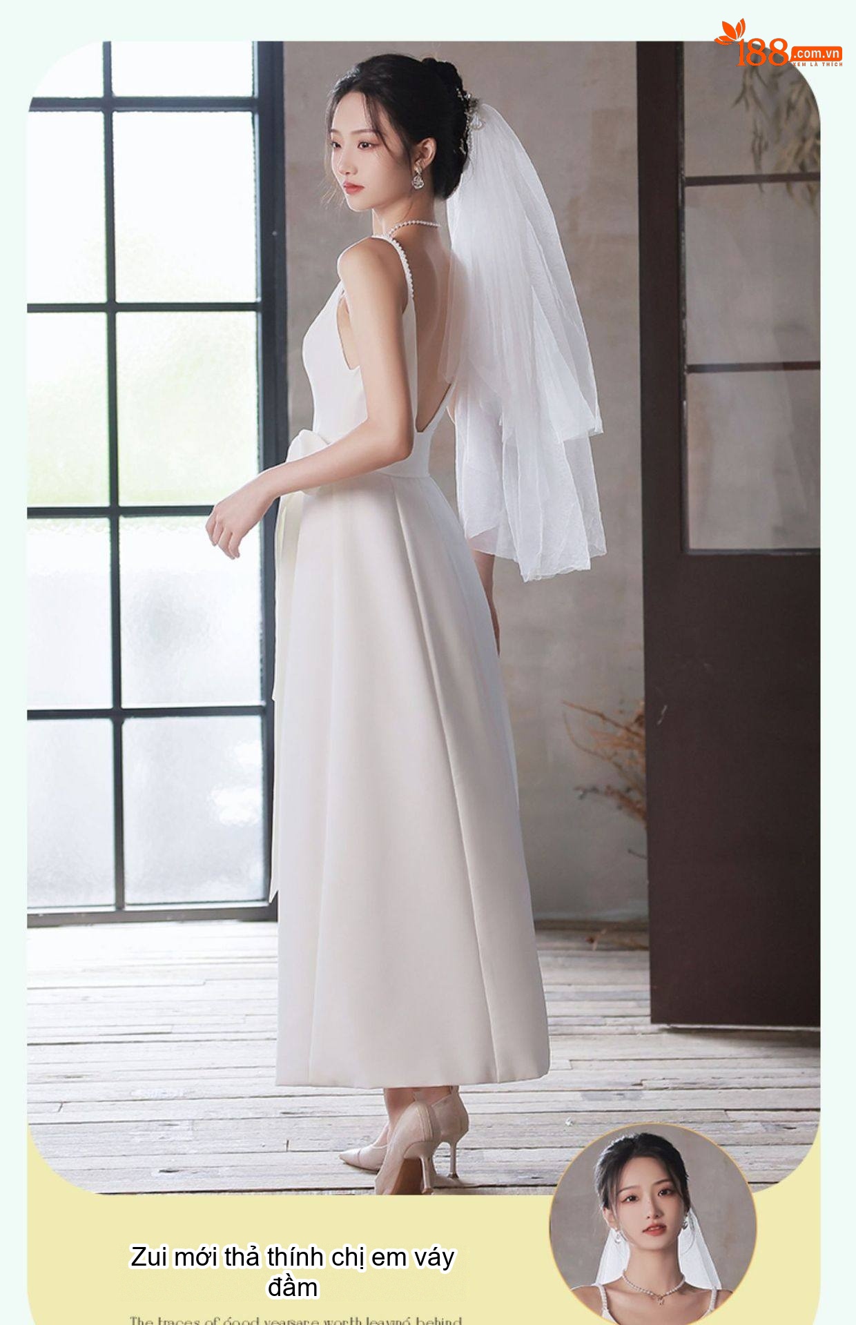 Váy Lụa Satin Hai Dây Dự Tiệc Cưới, Đính Hôn Màu Trắng chi tiết 7
