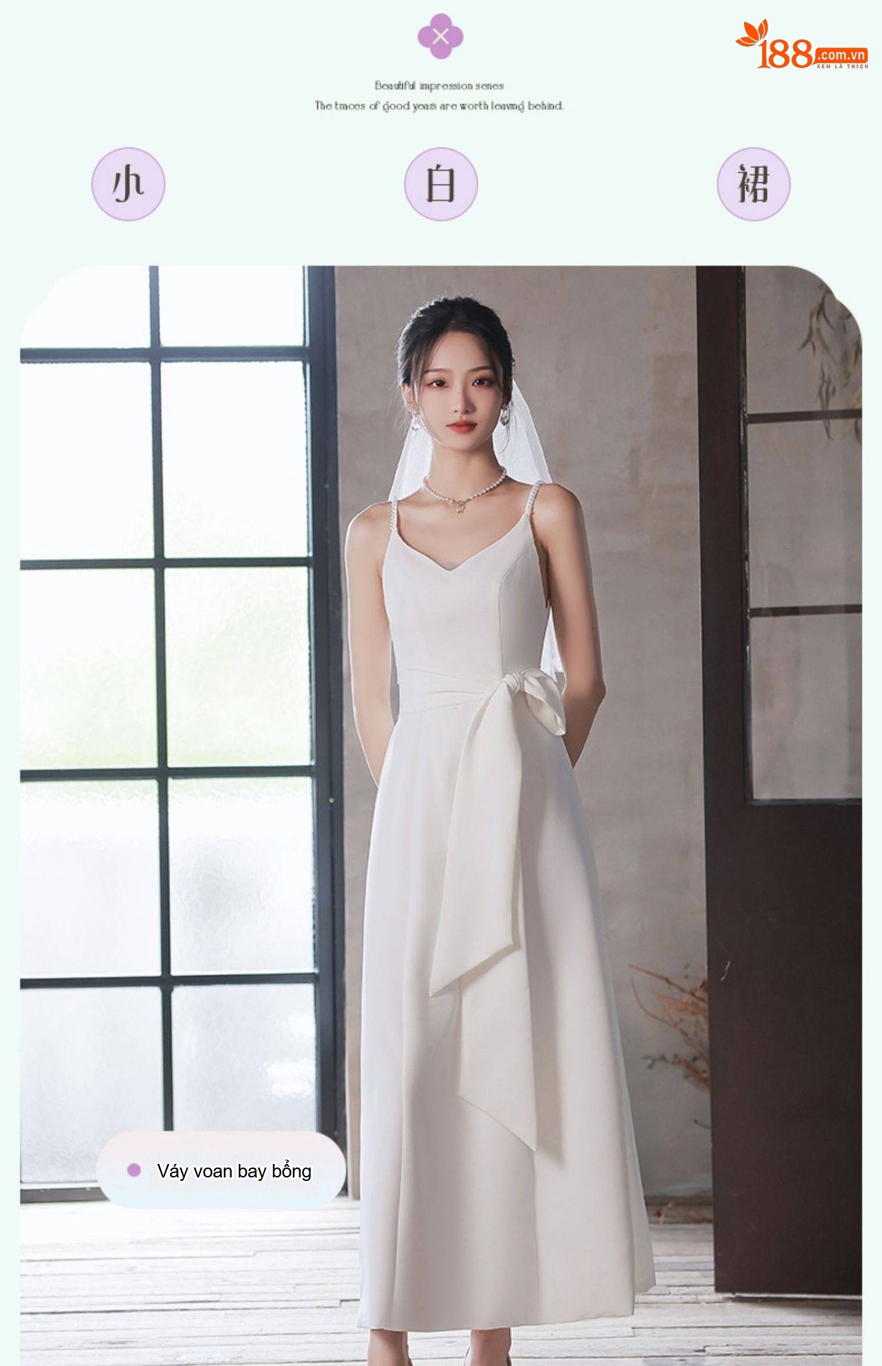 Váy Lụa Satin Hai Dây Dự Tiệc Cưới, Đính Hôn Màu Trắng chi tiết 9