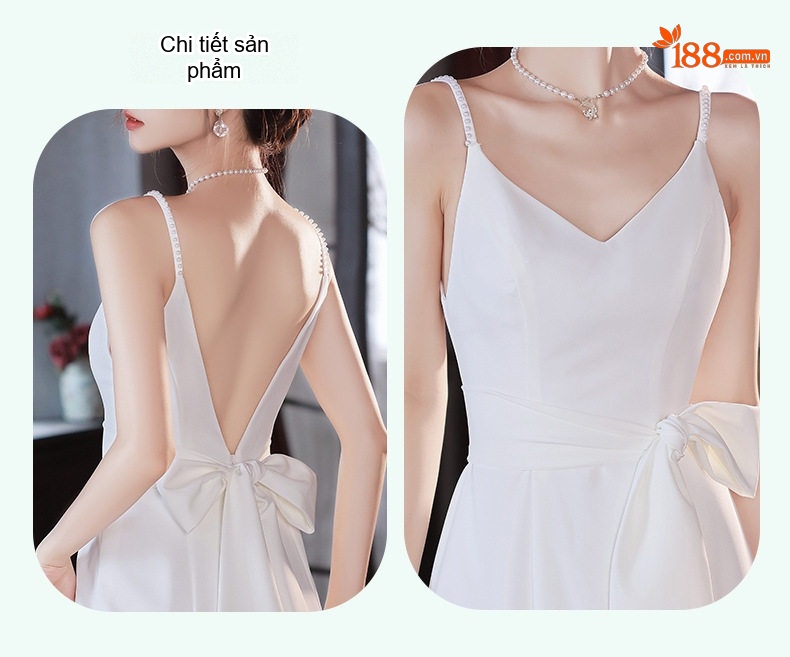 Váy Lụa Satin Hai Dây Dự Tiệc Cưới, Đính Hôn Màu Trắng chi tiết 19