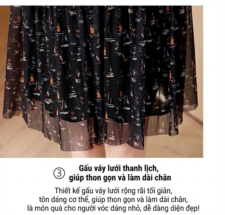 Váy Lụa Tằm Cao Cấp Nữ Họa Tiết Hoa Nhí Cổ Búp Bê dáng chữ A Màu Đen chi tiết 6