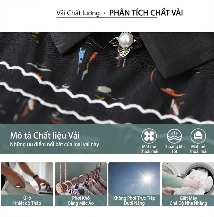 Váy Lụa Tằm Cao Cấp Nữ Họa Tiết Hoa Nhí Cổ Búp Bê dáng chữ A Màu Đen chi tiết 7