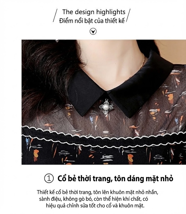 Váy Lụa Tằm Cao Cấp Nữ Họa Tiết Hoa Nhí Cổ Búp Bê dáng chữ A Màu Đen chi tiết 4