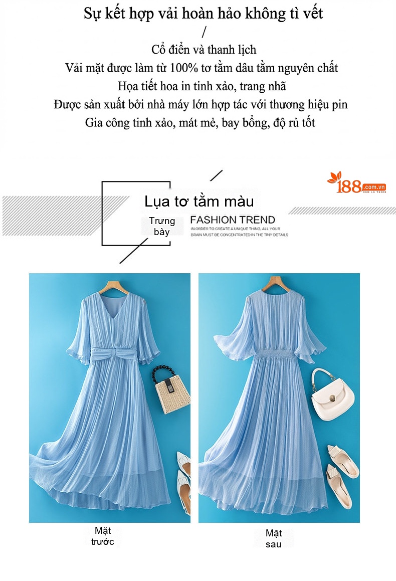 Váy Lụa Tằm Cao Cấp Xòe Dài Họa Tiết Chấm Bi Thắt Eo Màu Xanh Lam chi tiết 3