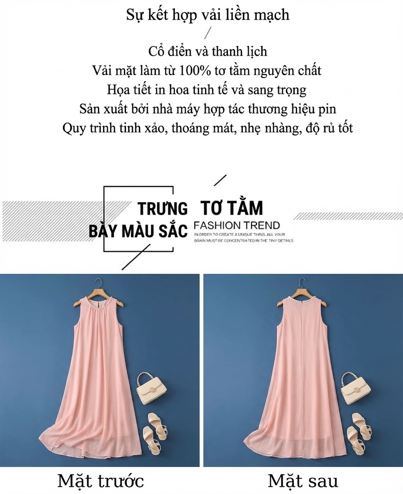 Váy Lụa Tằm Không Tay Đính Cườm Thiết Kế Tinh Tế Màu Be chi tiết 3