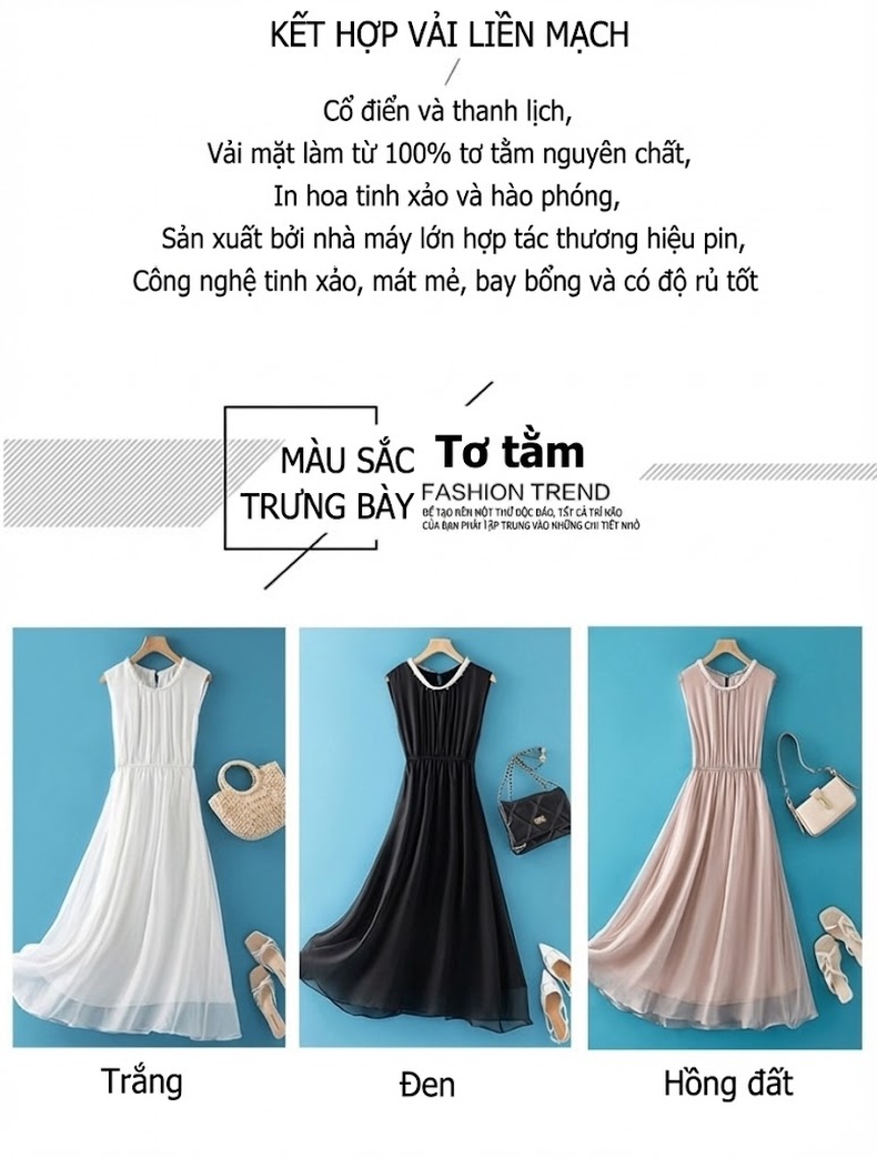 Váy Lụa Tằm Không Tay Đính Hạt Thiết Kế Tinh Tế Cao Cấp Màu Trắng, Đen chi tiết 3