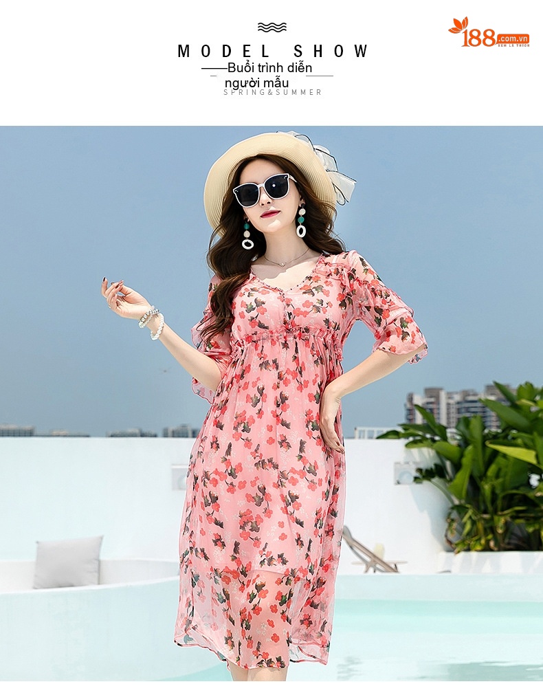Váy Lụa Tằm Thượng Hạng Họa Tiết Hoa Nhí Phong Cách Pháp Dáng Dài Nữ Màu Hồng, Đỏ, Trắng chi tiết 2