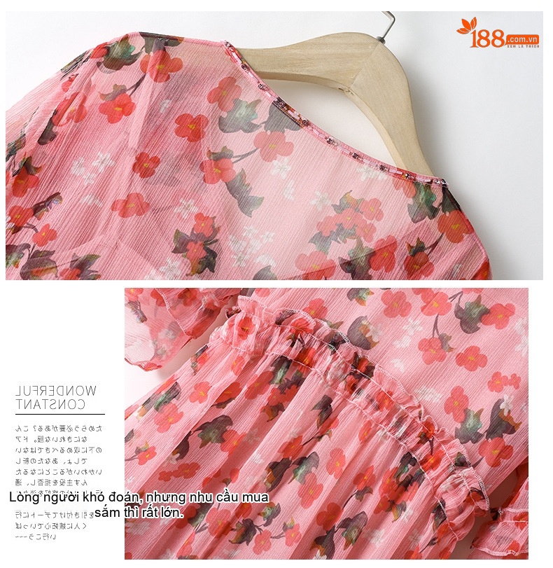 Váy Lụa Tằm Thượng Hạng Họa Tiết Hoa Nhí Phong Cách Pháp Dáng Dài Nữ Màu Hồng, Đỏ, Trắng chi tiết 12