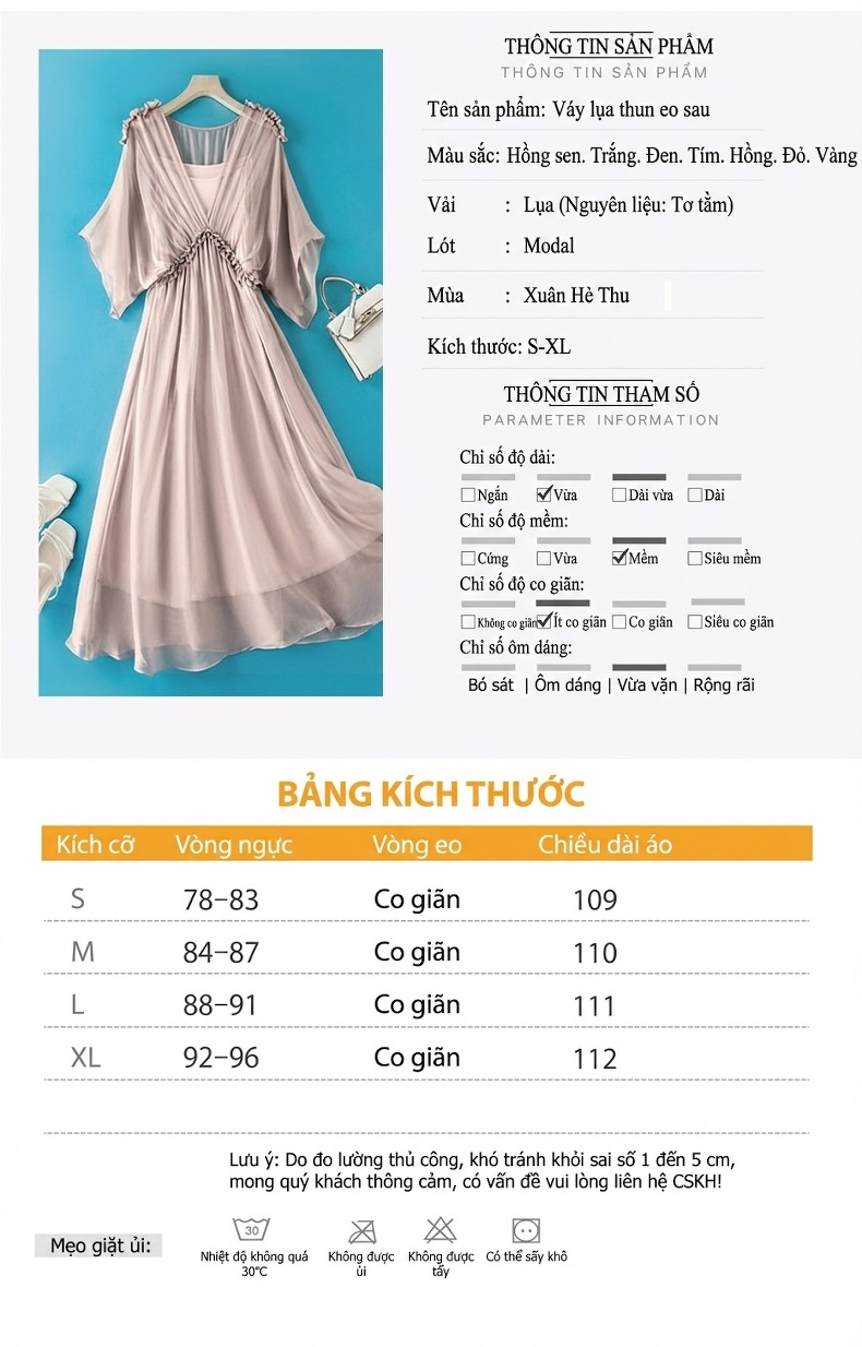 Váy Lụa Tằm Tơ Dáng Dài Tay Lỡ Thiết Kế Tối Giản Màu Trắng, Hồng, Xám, Vàng... chi tiết 2