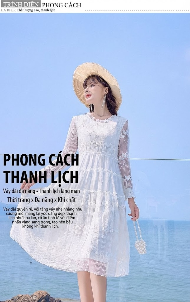 Váy Lụa Tằm Tơ Nữ Thêu Hoa Tay Dài Dáng Dài Đi Biển Màu Trắng chi tiết 3