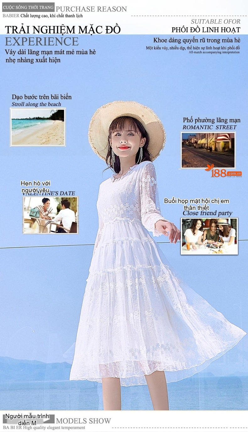 Váy Lụa Tằm Tơ Nữ Thêu Hoa Tay Dài Dáng Dài Đi Biển Màu Trắng chi tiết 5