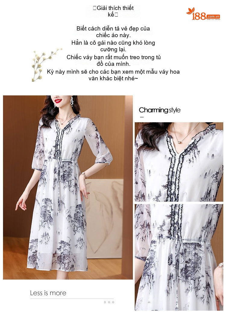 Váy Lụa Tằm Ý Họa Tiết Eo Cao Dáng Chữ A Thanh Lịch Màu Trắng, Đen chi tiết 2