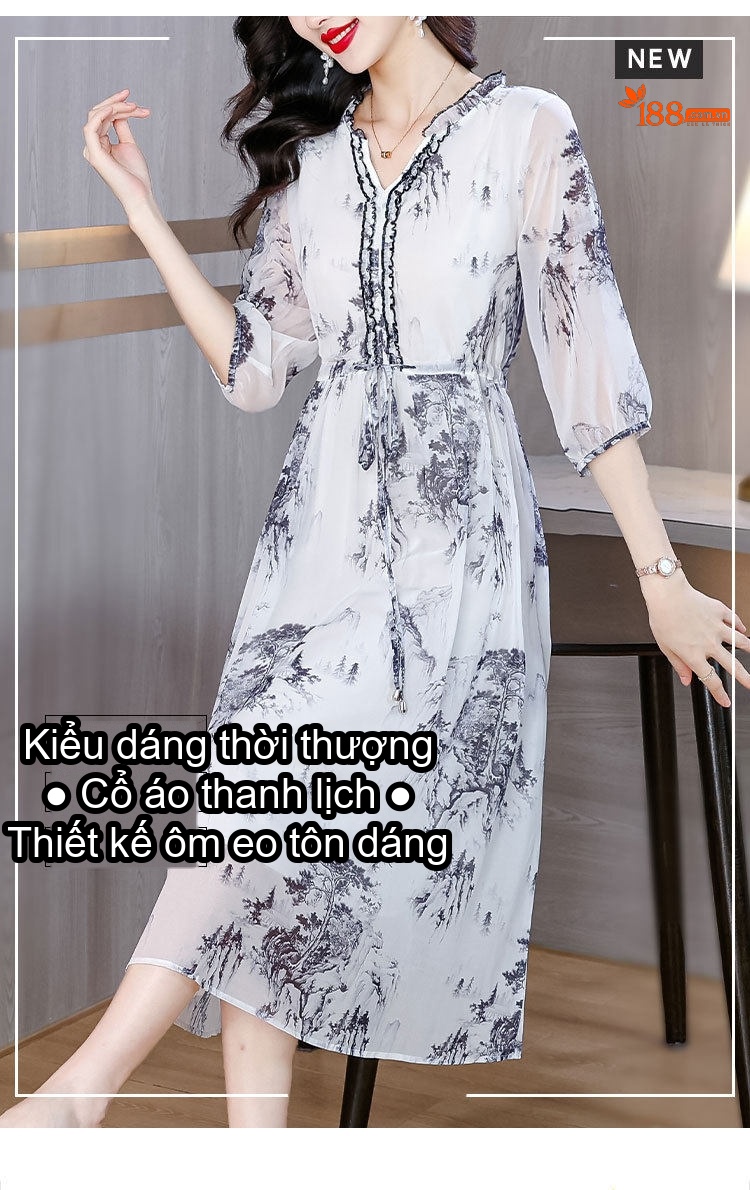 Váy Lụa Tằm Ý Họa Tiết Eo Cao Dáng Chữ A Thanh Lịch Màu Trắng, Đen chi tiết 3