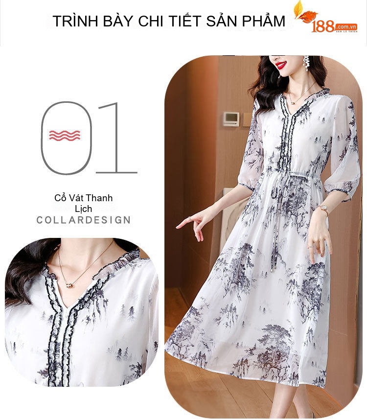 Váy Lụa Tằm Ý Họa Tiết Eo Cao Dáng Chữ A Thanh Lịch Màu Trắng, Đen chi tiết 4