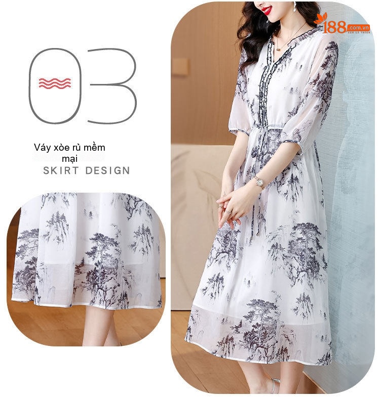 Váy Lụa Tằm Ý Họa Tiết Eo Cao Dáng Chữ A Thanh Lịch Màu Trắng, Đen chi tiết 6