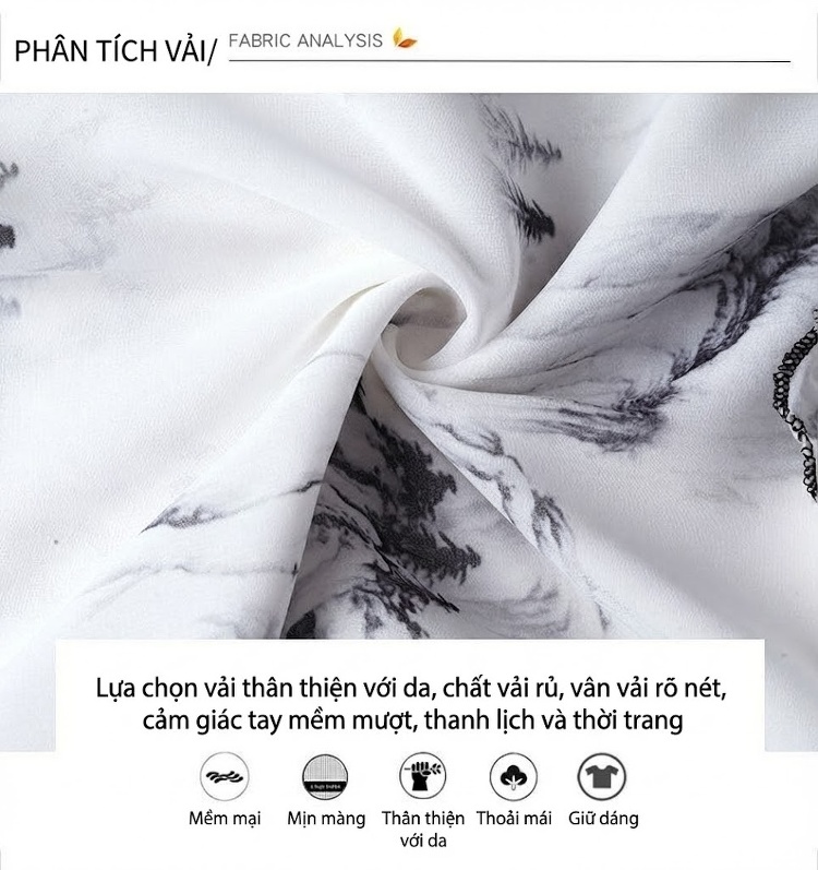 Váy Lụa Tằm Ý Họa Tiết Eo Cao Dáng Chữ A Thanh Lịch Màu Trắng, Đen chi tiết 8