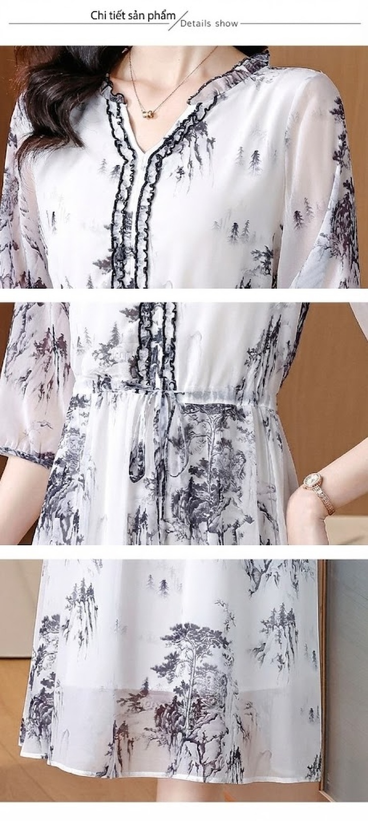 Váy Lụa Tằm Ý Họa Tiết Eo Cao Dáng Chữ A Thanh Lịch Màu Trắng, Đen chi tiết 13