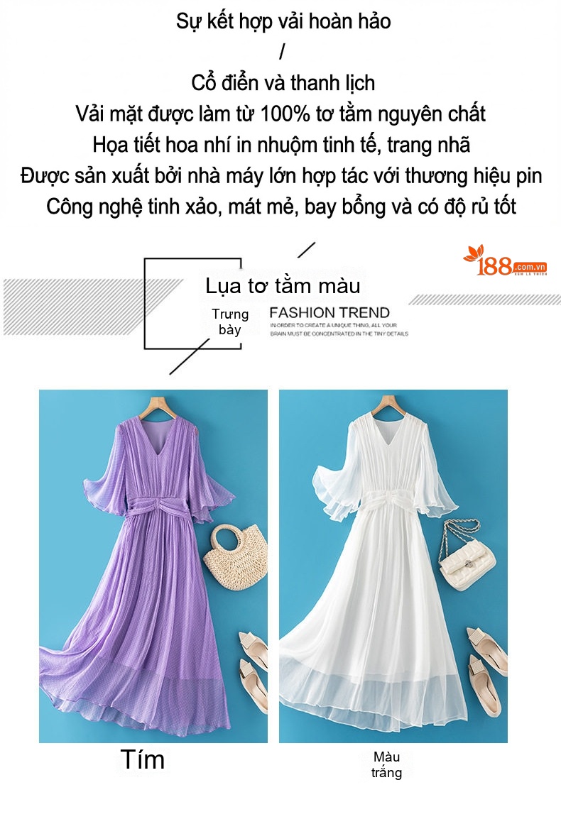 Váy Lụa Tằm Ý Xòe Dài Tay Loe Eo Chun In Họa Tiết Chấm Bi Màu Tím, Trắng chi tiết 3