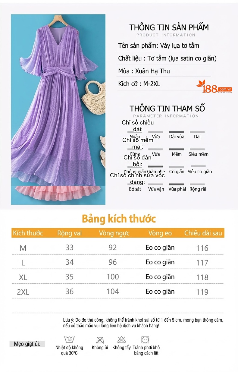 Váy Lụa Tằm Ý Xòe Dài Tay Loe Eo Chun In Họa Tiết Chấm Bi Màu Tím, Trắng chi tiết 5
