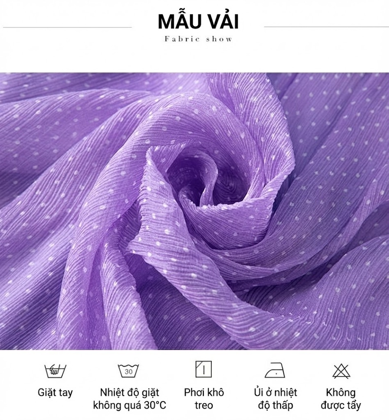 Váy Lụa Tằm Ý Xòe Dài Tay Loe Eo Chun In Họa Tiết Chấm Bi Màu Tím, Trắng chi tiết 4