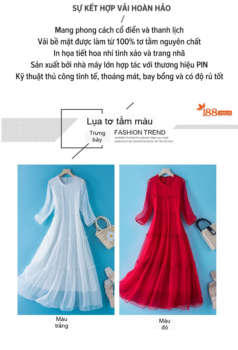 Váy Lụa Tơ Tằm Dáng Dài Bohemian Thiết Kế OL Thanh Lịch Màu Đỏ, Trắng, Hồng chi tiết 3