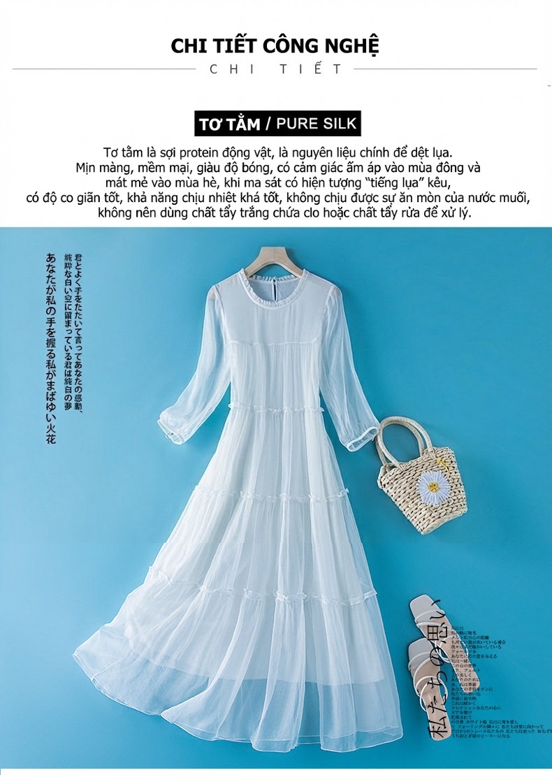 Váy Lụa Tơ Tằm Dáng Dài Bohemian Thiết Kế OL Thanh Lịch Màu Đỏ, Trắng, Hồng chi tiết 6