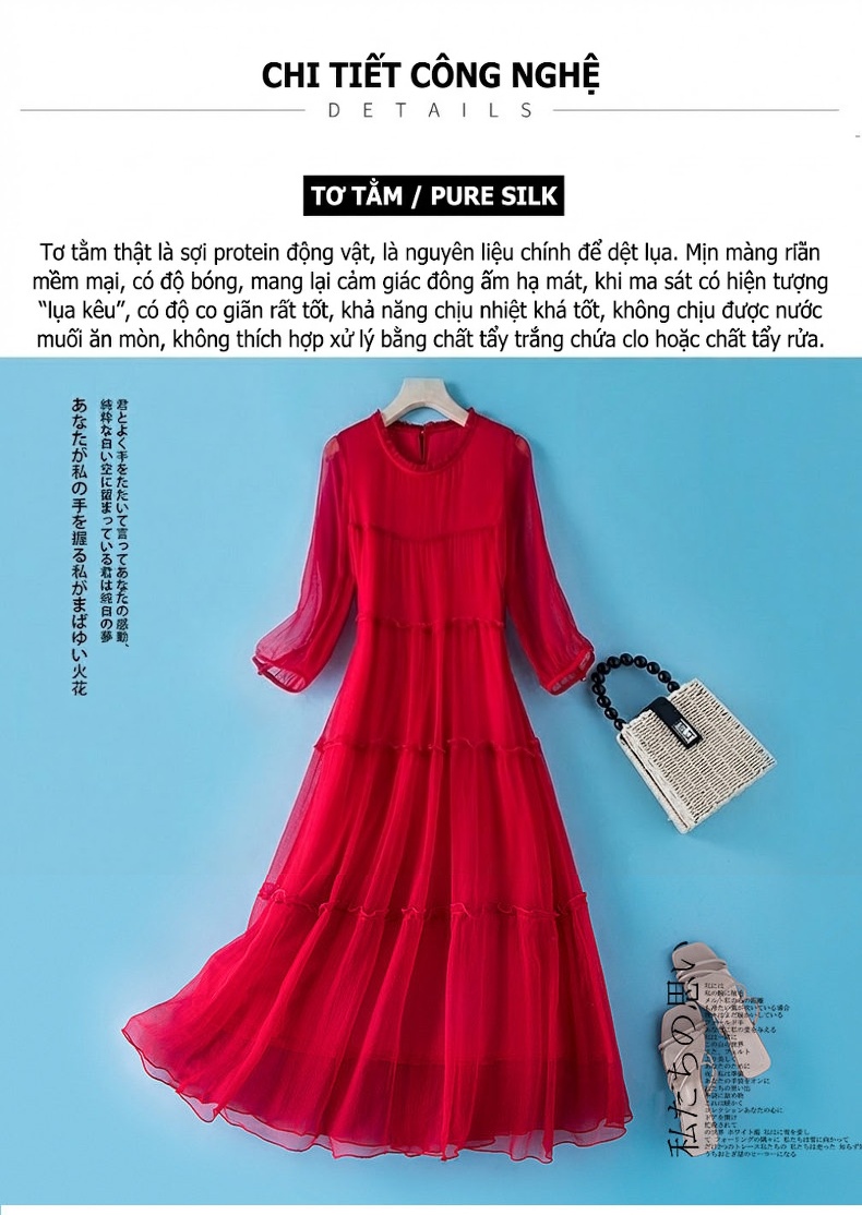 Váy Lụa Tơ Tằm Dáng Dài Bohemian Thiết Kế OL Thanh Lịch Màu Đỏ, Trắng, Hồng chi tiết 11