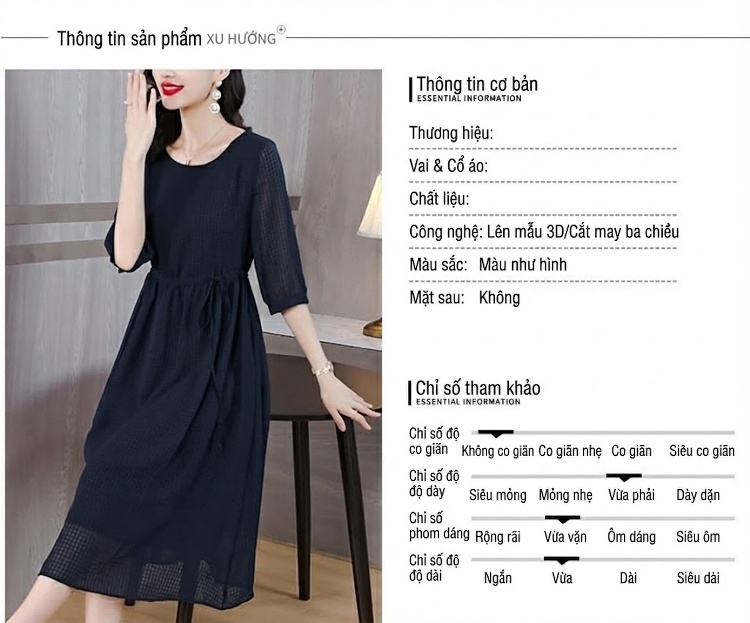 Váy Lụa Tơ Tằm Nữ Dáng Chữ A, Thắt Eo Thanh Lịch Màu Xanh Navy chi tiết 9