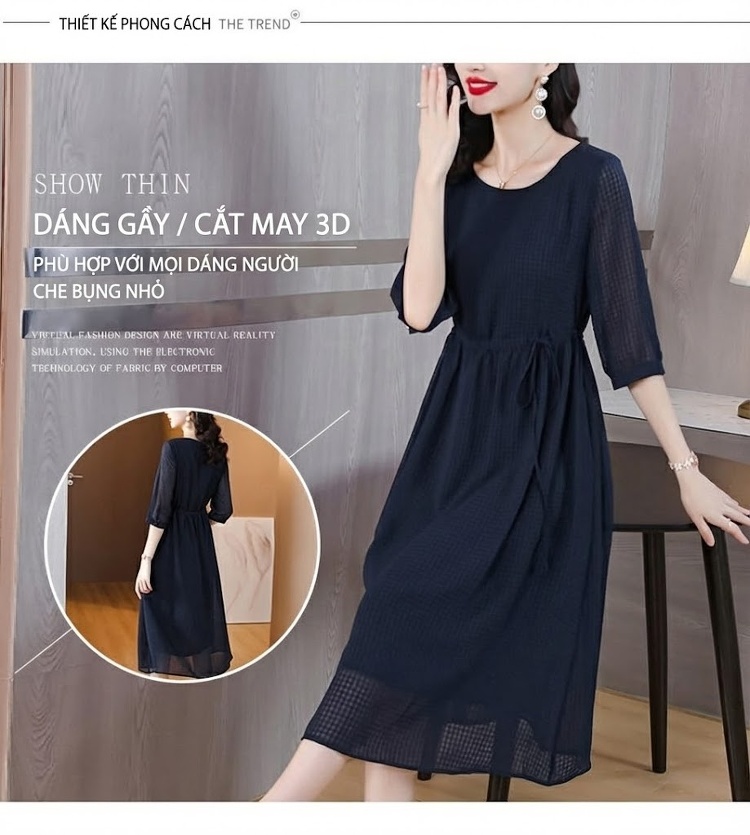 Váy Lụa Tơ Tằm Nữ Dáng Chữ A, Thắt Eo Thanh Lịch Màu Xanh Navy chi tiết 4