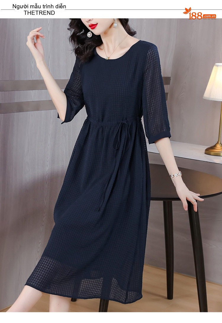 Váy Lụa Tơ Tằm Nữ Dáng Chữ A, Thắt Eo Thanh Lịch Màu Xanh Navy chi tiết 11