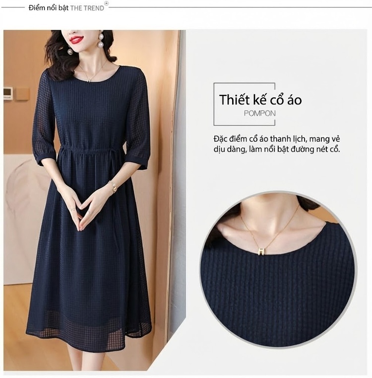 Váy Lụa Tơ Tằm Nữ Dáng Chữ A, Thắt Eo Thanh Lịch Màu Xanh Navy chi tiết 5
