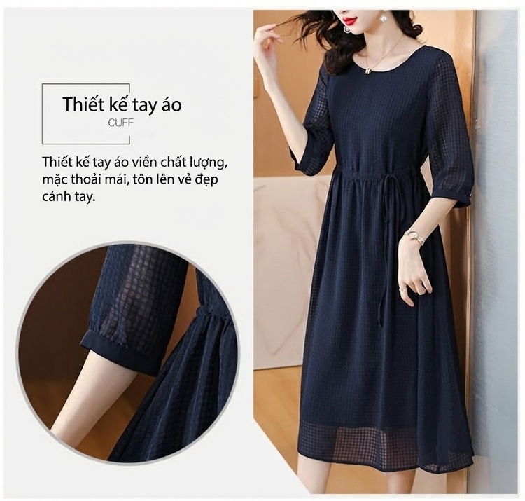 Váy Lụa Tơ Tằm Nữ Dáng Chữ A, Thắt Eo Thanh Lịch Màu Xanh Navy chi tiết 6