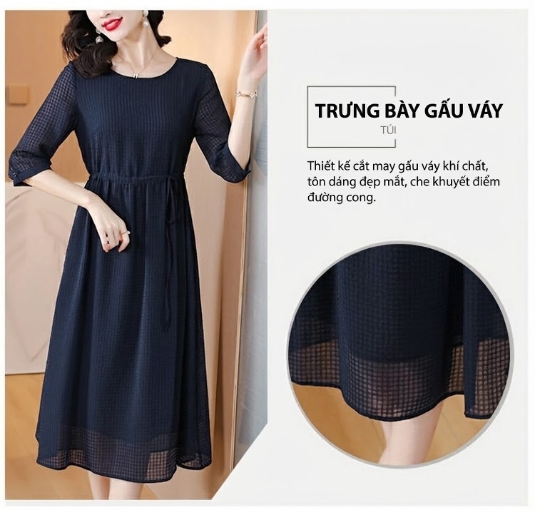 Váy Lụa Tơ Tằm Nữ Dáng Chữ A, Thắt Eo Thanh Lịch Màu Xanh Navy chi tiết 7