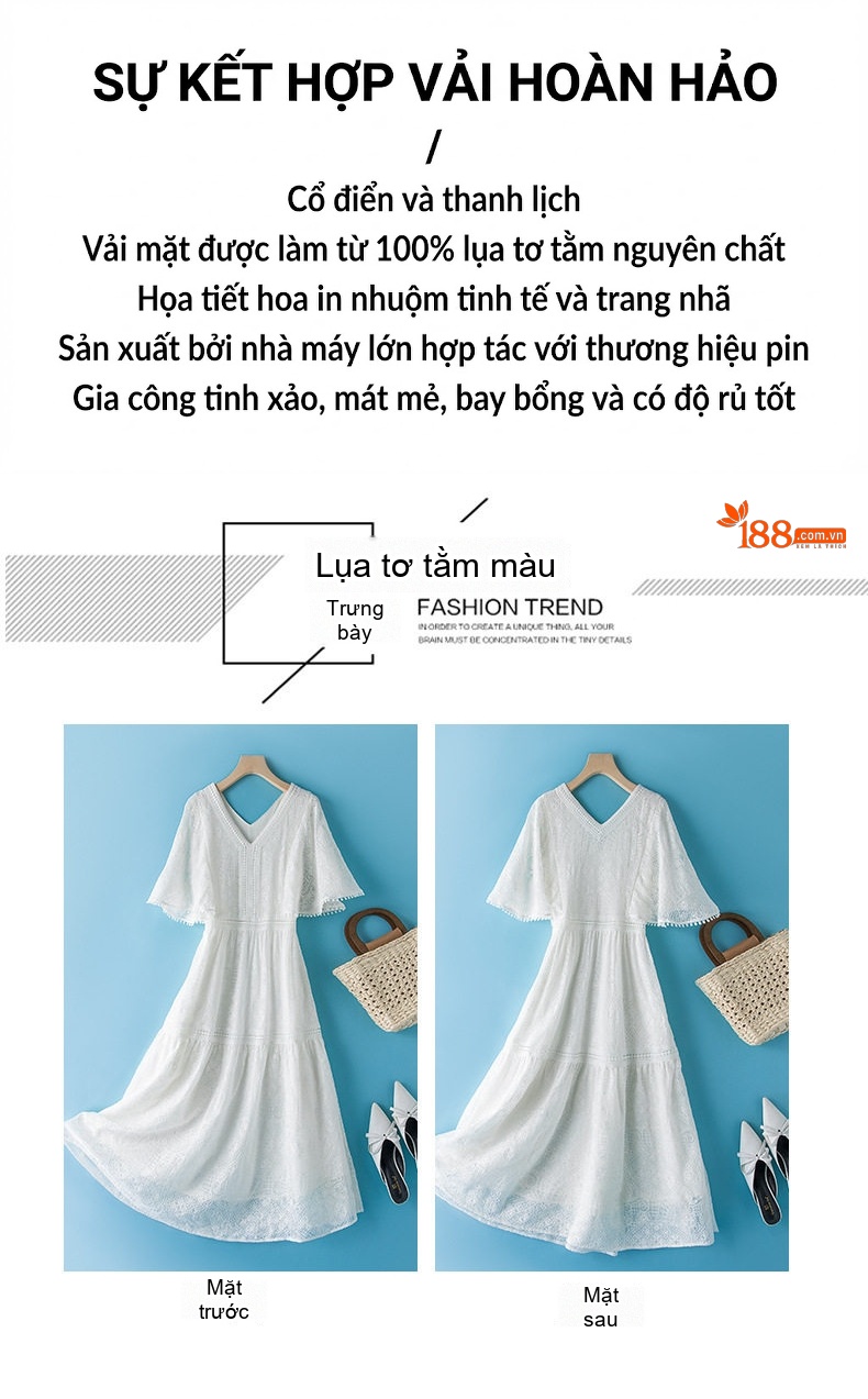 Váy Lụa Tơ Tằm Thêu Hoa Dáng Dài Qua Gối Màu Trắng chi tiết 3