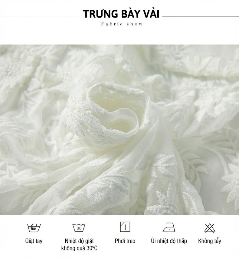 Váy Lụa Tơ Tằm Thêu Hoa Tay Bồng Dáng Xòe Thon Gọn Phong Cách Châu Âu Màu Trắng chi tiết 4