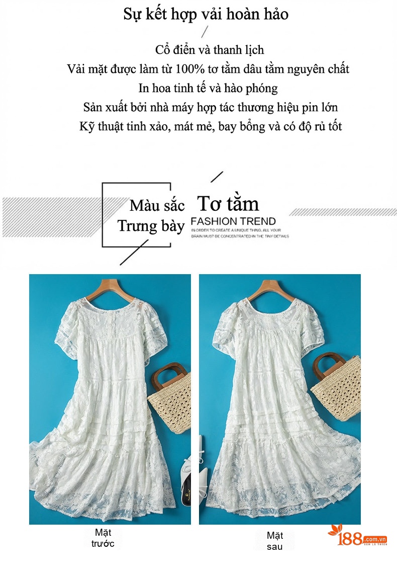 Váy Lụa Tơ Tằm Thêu Hoa Tay Bồng Dáng Xòe Thon Gọn Phong Cách Châu Âu Màu Trắng chi tiết 3