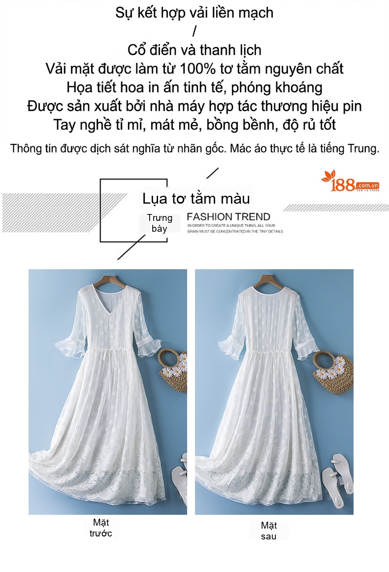 Váy Lụa Tơ Tằm Trung Niên Nữ Cổ chữ V Tay Lỡ Dáng Dài Qua Gối Màu Trắng chi tiết 3