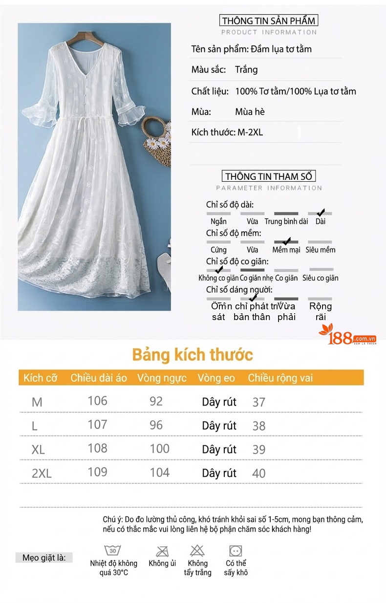 Váy Lụa Tơ Tằm Trung Niên Nữ Cổ chữ V Tay Lỡ Dáng Dài Qua Gối Màu Trắng chi tiết 5