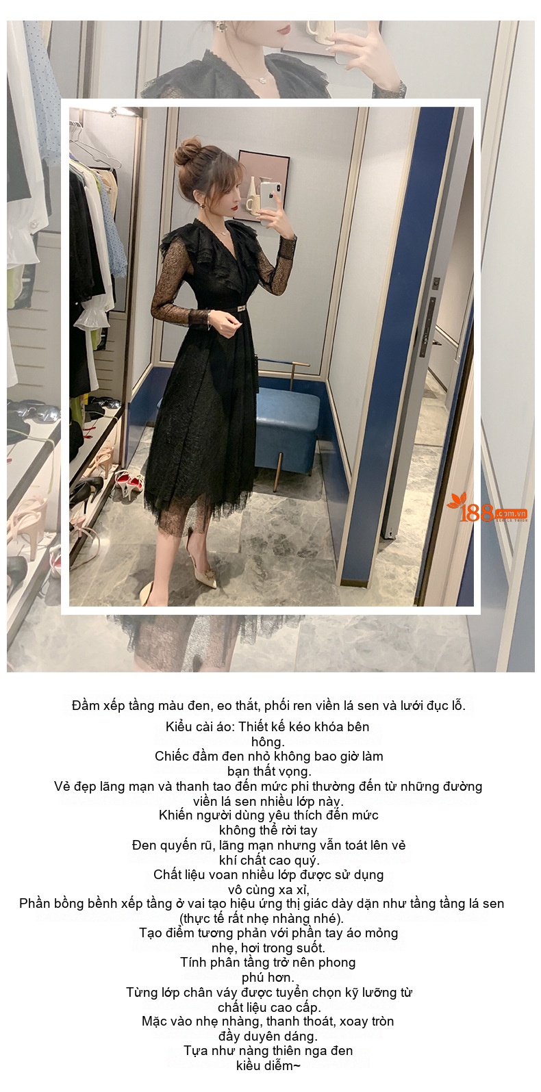 Váy Lưới Dáng Dài Nữ Cổ chữ V Viền Bèo Nhún Thắt Eo Thiết Kế Bánh Kem Bất Đối Xứng Màu Đen chi tiết 1