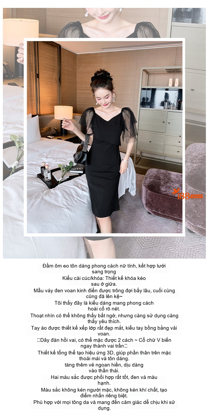 Váy Lưới Tay Bồng Nữ Dáng Ôm Thiết Kế Thanh Lịch Màu Đen, Trắng chi tiết 1