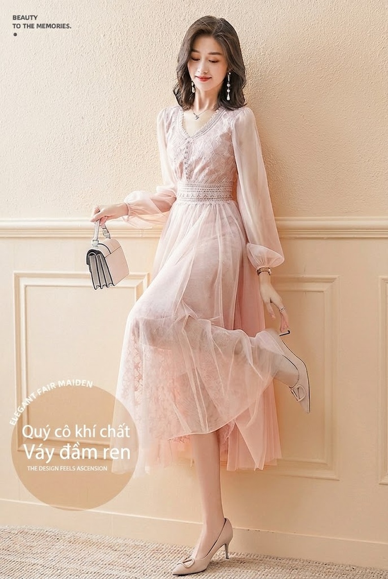 Váy Lưới Tay Dài Nữ Pháp Dáng Dài Ôm Eo Màu Hồng chi tiết 1