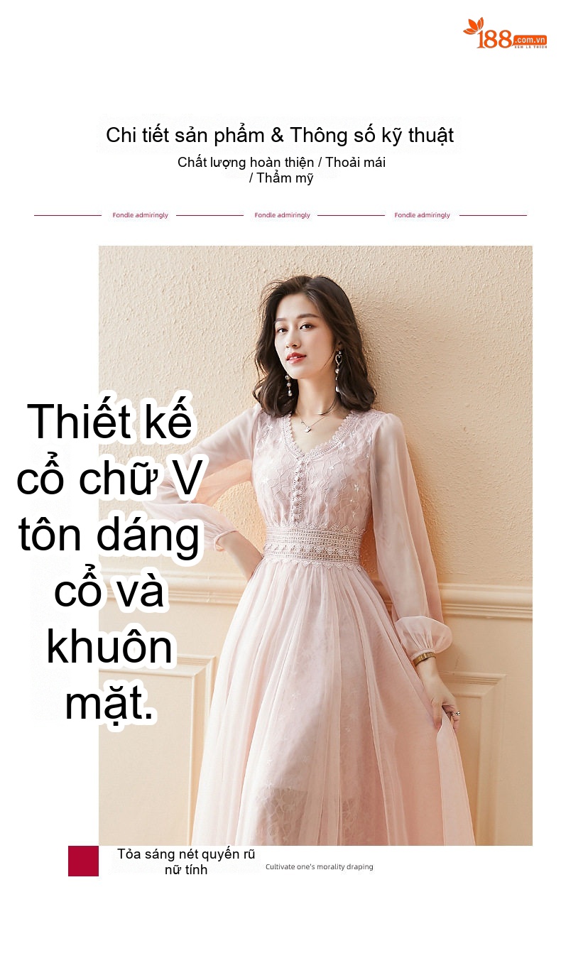 Váy Lưới Tay Dài Nữ Pháp Dáng Dài Ôm Eo Màu Hồng chi tiết 2