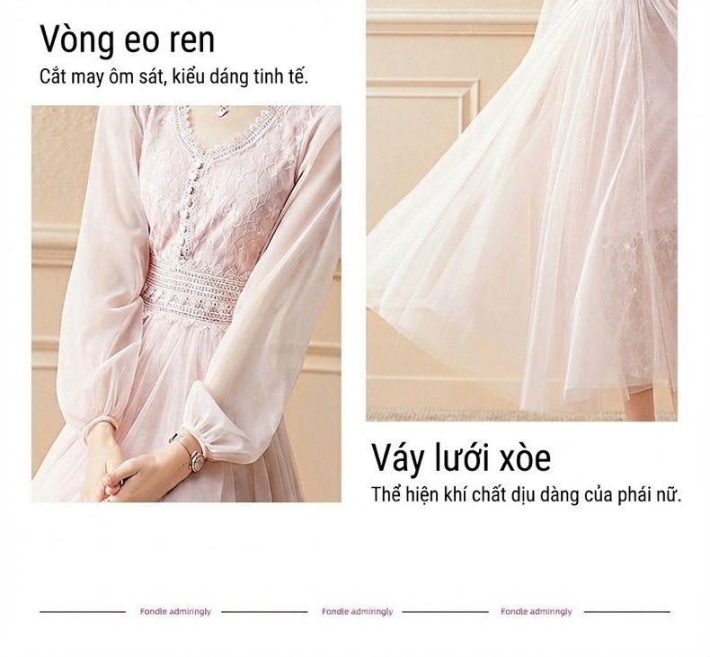 Váy Lưới Tay Dài Nữ Pháp Dáng Dài Ôm Eo Màu Hồng chi tiết 3