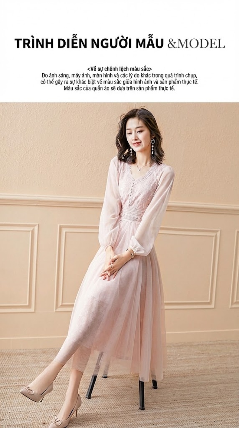 Váy Lưới Tay Dài Nữ Pháp Dáng Dài Ôm Eo Màu Hồng chi tiết 5