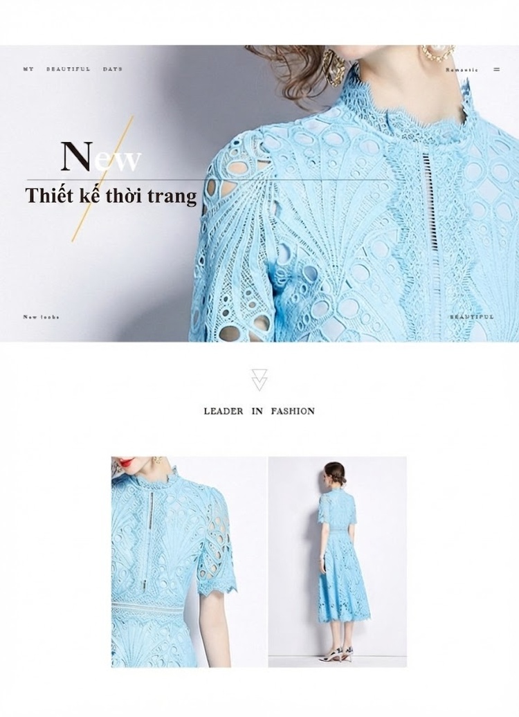 Váy Lưới Thêu Hoa Cổ Điển Pháp, Dáng Xòe, Chiều Dài Trung Bình, Màu Xanh Lam chi tiết 2